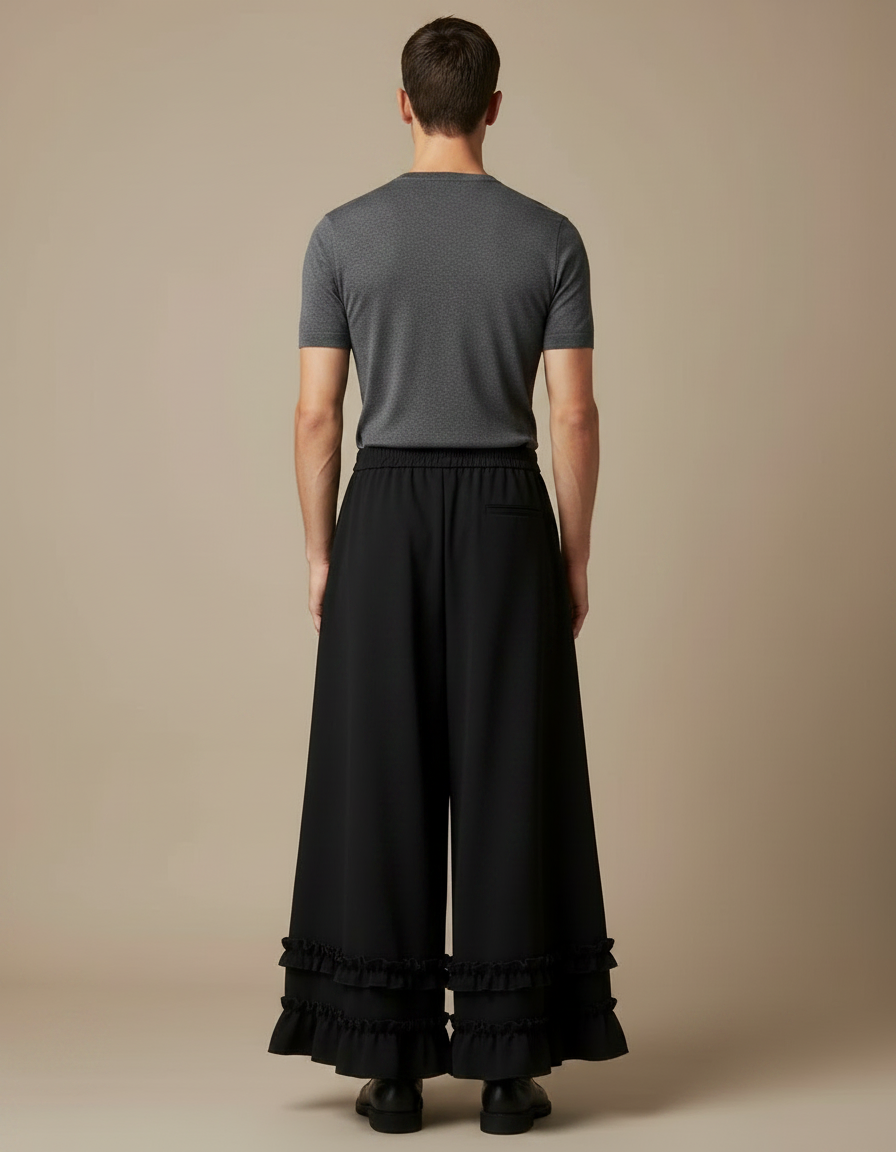 Pantalon Jupe Noir Ample Volants Plissés Fluide - Polyester - vue 2