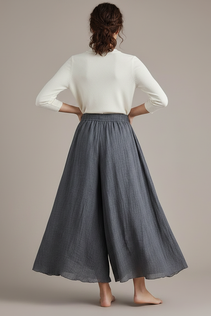Pantalon Jupe Gris Ample Lin Fluide Femme - vue 2