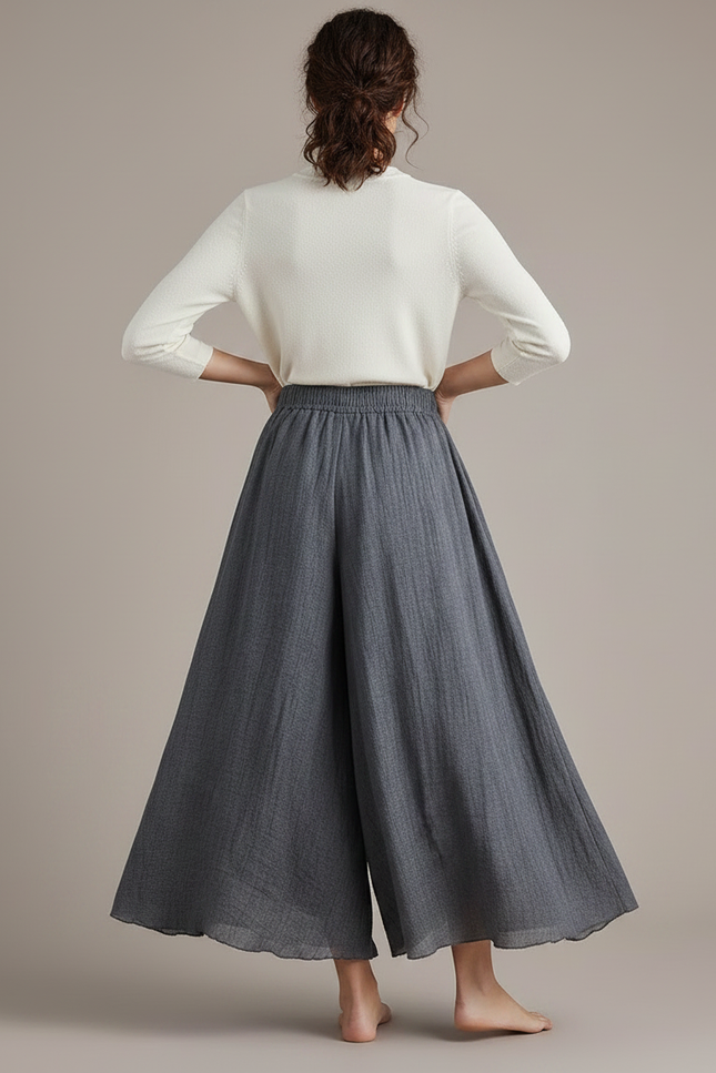 Pantalon Jupe Gris Ample Lin Fluide Femme - vue 2
