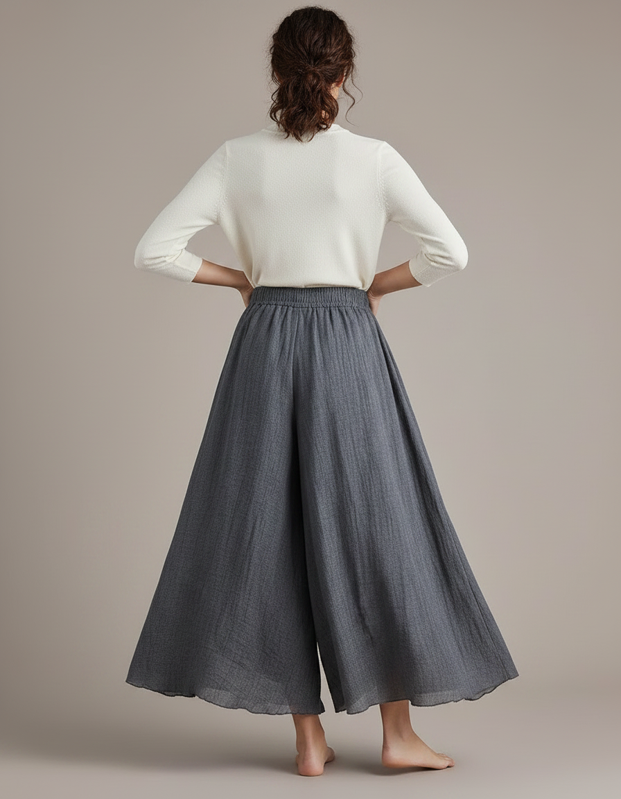 Pantalon Jupe Gris Ample Lin Fluide Femme - vue 2