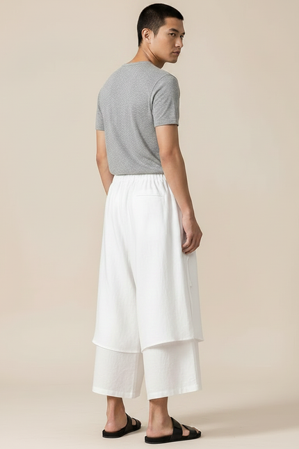 Pantalon Jupe Blanc Superposé Fluide Homme Moderne - Lin - vue 2