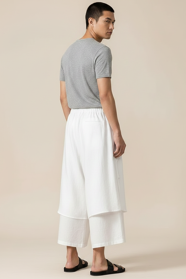 Pantalon Jupe Blanc Superposé Fluide Homme Moderne - Lin - vue 2