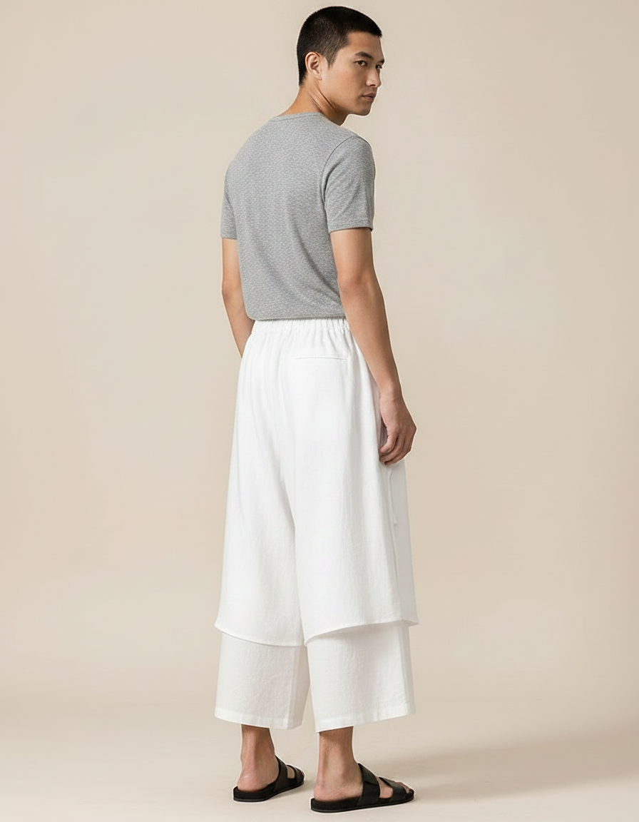 Pantalon Jupe Blanc Superposé Fluide Homme Moderne - Lin - vue 2