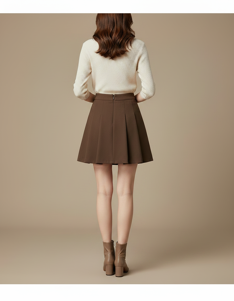 Pantalon Jupe Marron Plissé Laine Courte Élégante - vue 2