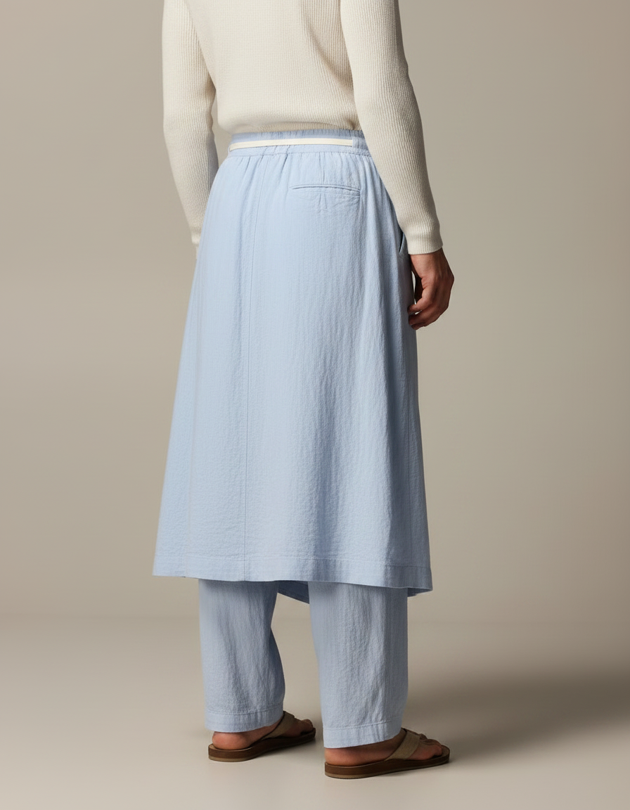 Pantalon Jupe Bleu Ciel Lin Drapé Ample Décontracté - vue 2