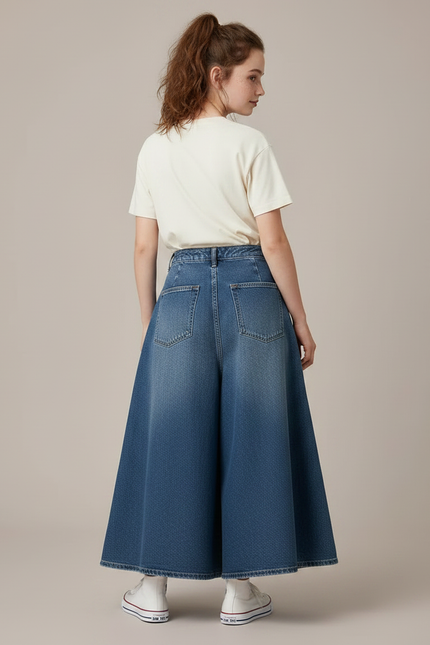 Pantalon Jupe Denim Bleu Ample Plissé Fille - Jean - vue 2