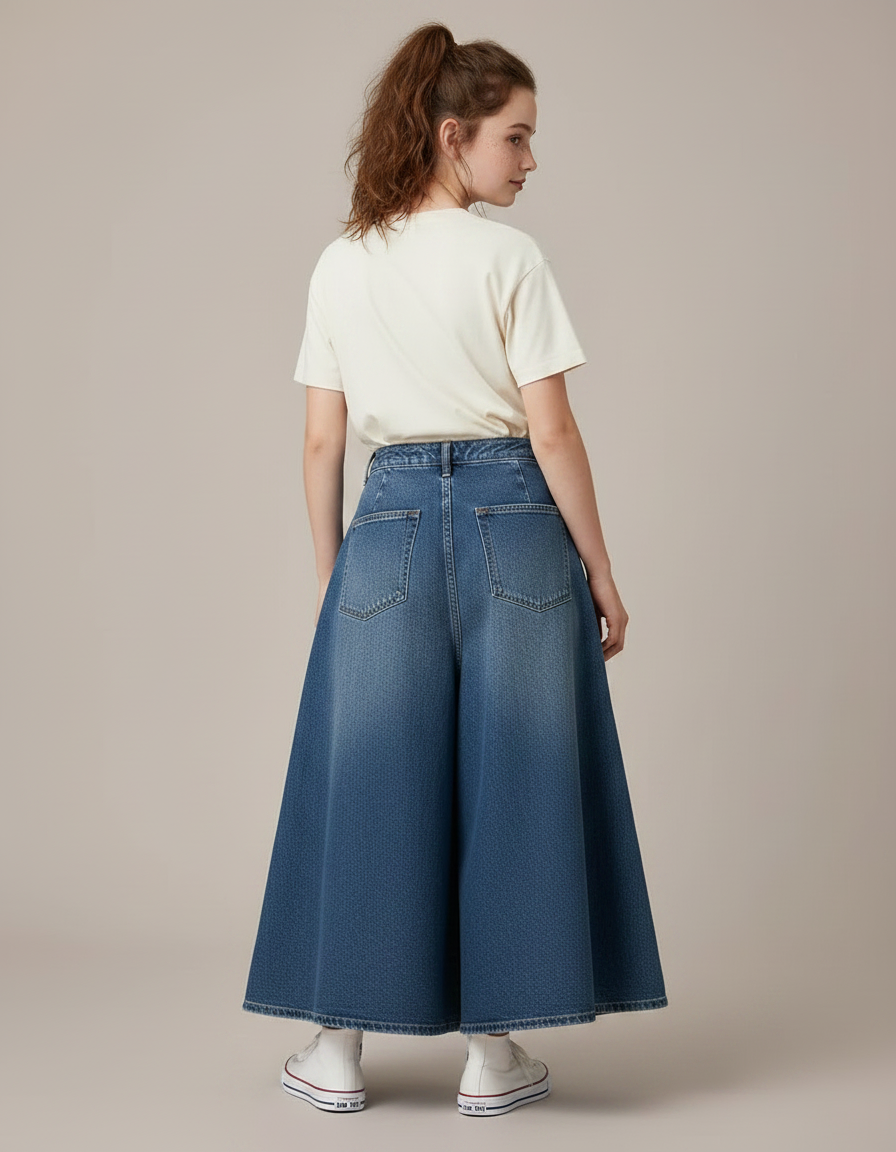 Pantalon Jupe Denim Bleu Ample Plissé Fille - Jean - vue 2