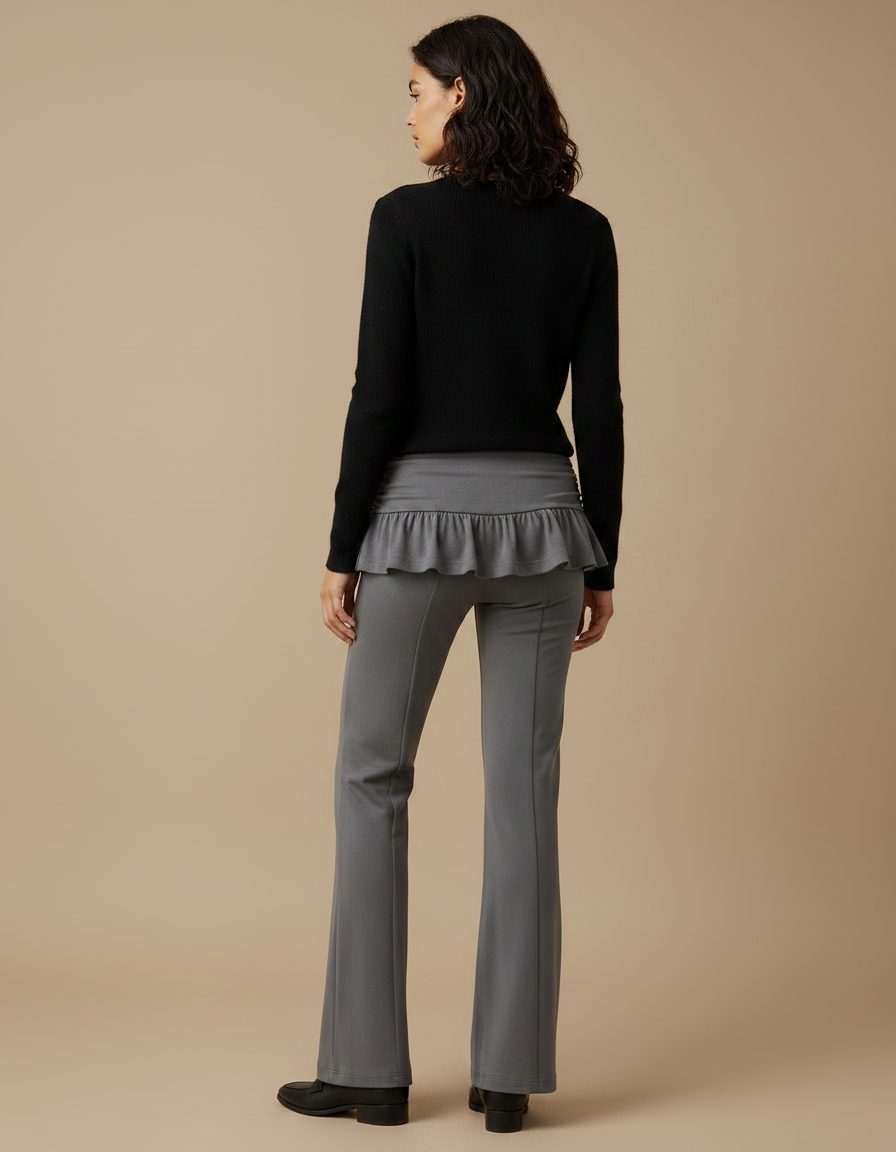 Pantalon Jupe Gris Évasé Volants Taille Haute Élégant - Maille - vue 2