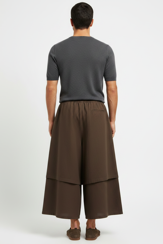 Pantalon Jupe Marron Ample Superposé Homme Lin - vue 2