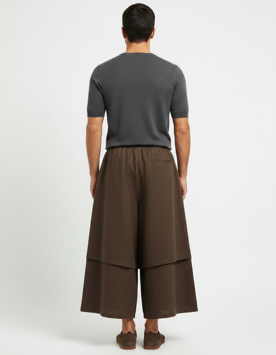 Pantalon Jupe Marron Ample Superposé Homme Lin - vue 2