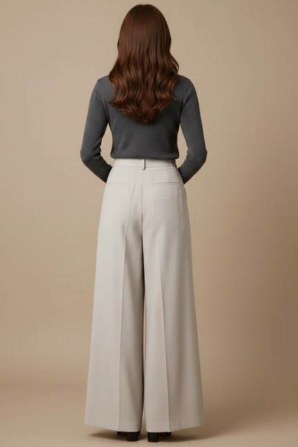 Pantalon Jupe Plissé Ample Long Écru Élégant - Beige Polyester - vue 2