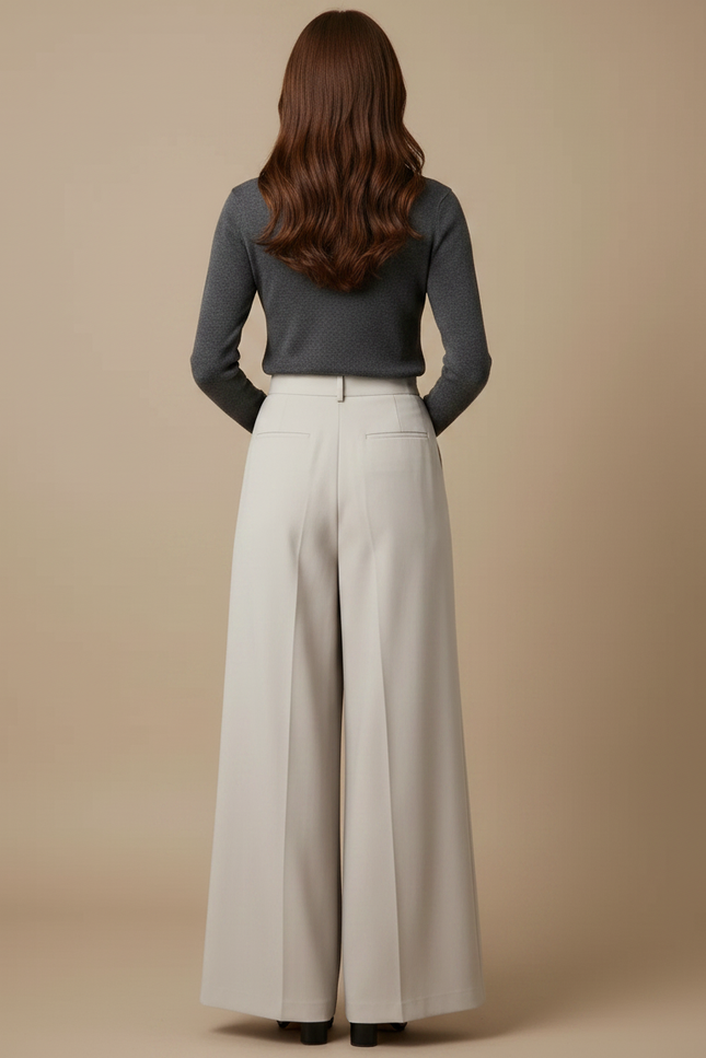 Pantalon Jupe Plissé Ample Long Écru Élégant - Beige Polyester - vue 2