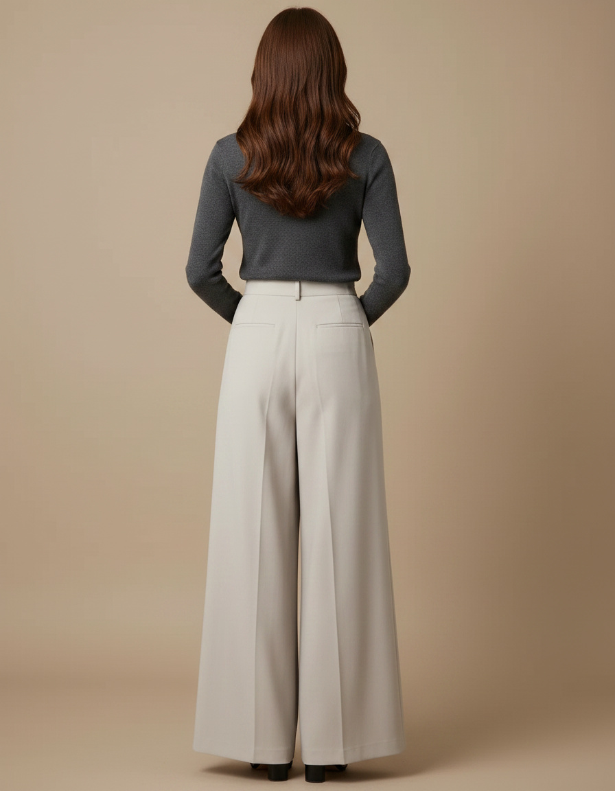 Pantalon Jupe Plissé Ample Long Écru Élégant - Beige Polyester - vue 2