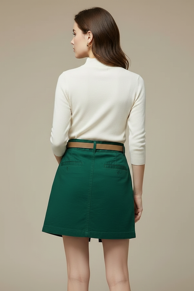 Pantalon Jupe Vert Boutons Ceinturé Décontracté - Gabardine - vue 2