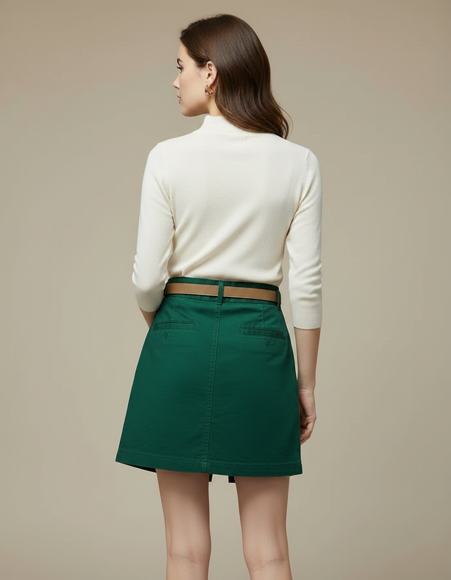 Pantalon Jupe Vert Boutons Ceinturé Décontracté - Gabardine - vue 2