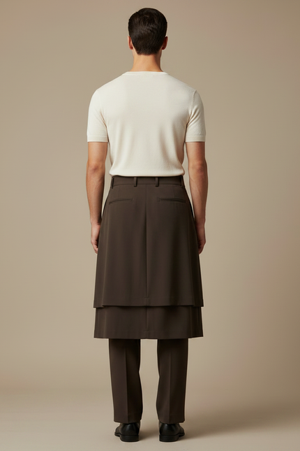 Pantalon Jupe Marron Plissé Superposé Ample Élégant Homme - Gabardine - vue 2