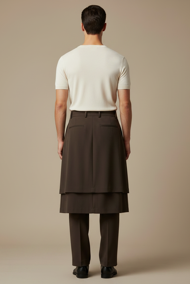 Pantalon Jupe Marron Plissé Superposé Ample Élégant Homme - Gabardine - vue 2