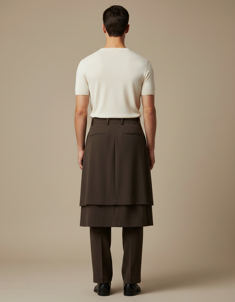 Pantalon Jupe Marron Plissé Superposé Ample Élégant Homme - Gabardine - vue 2