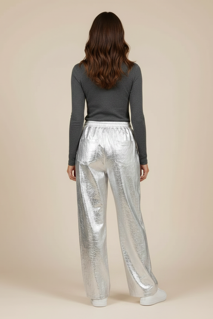 Pantalon Jupe Argenté Large Brillant Métallisé Fluide - Polyester - vue 2