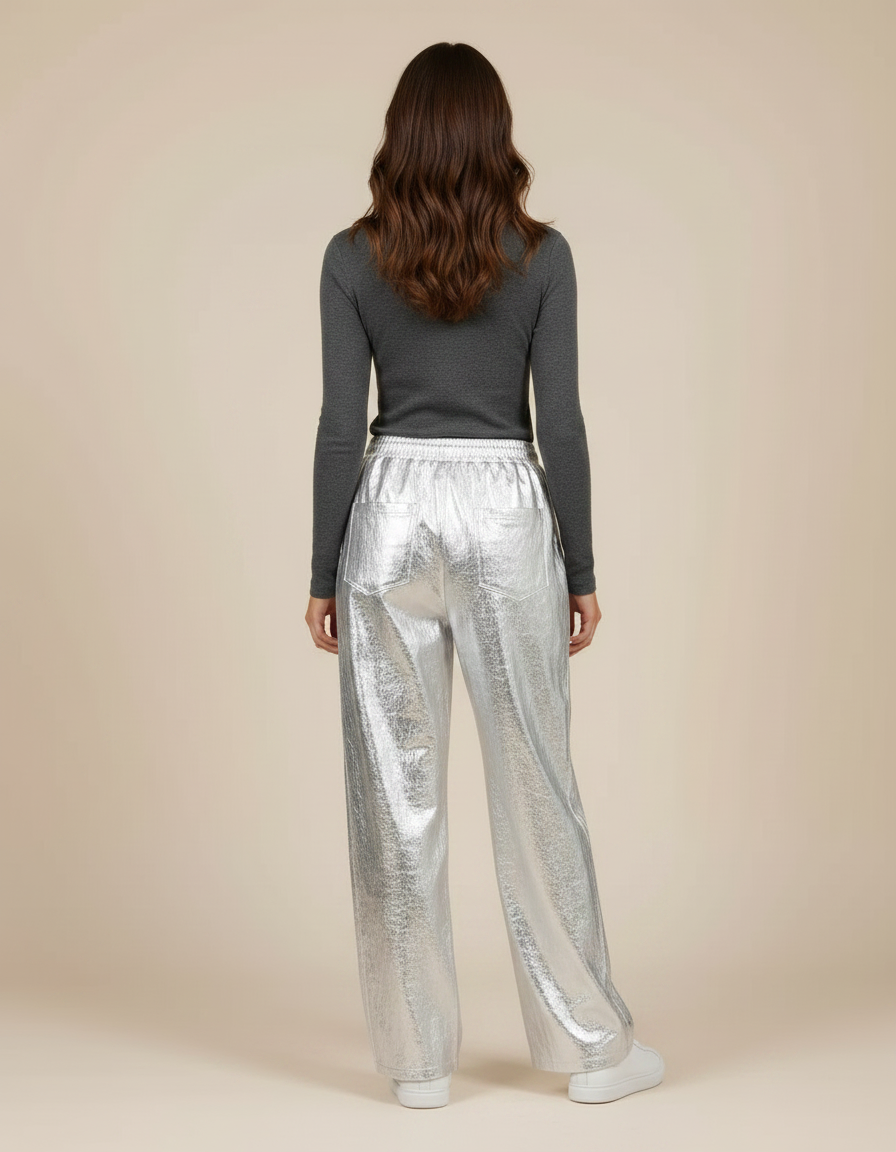 Pantalon Jupe Argenté Large Brillant Métallisé Fluide - Polyester - vue 2