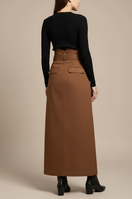 Pantalon Jupe Marron Boutons Ceinture Longue Élégante - Gabardine - vue 2