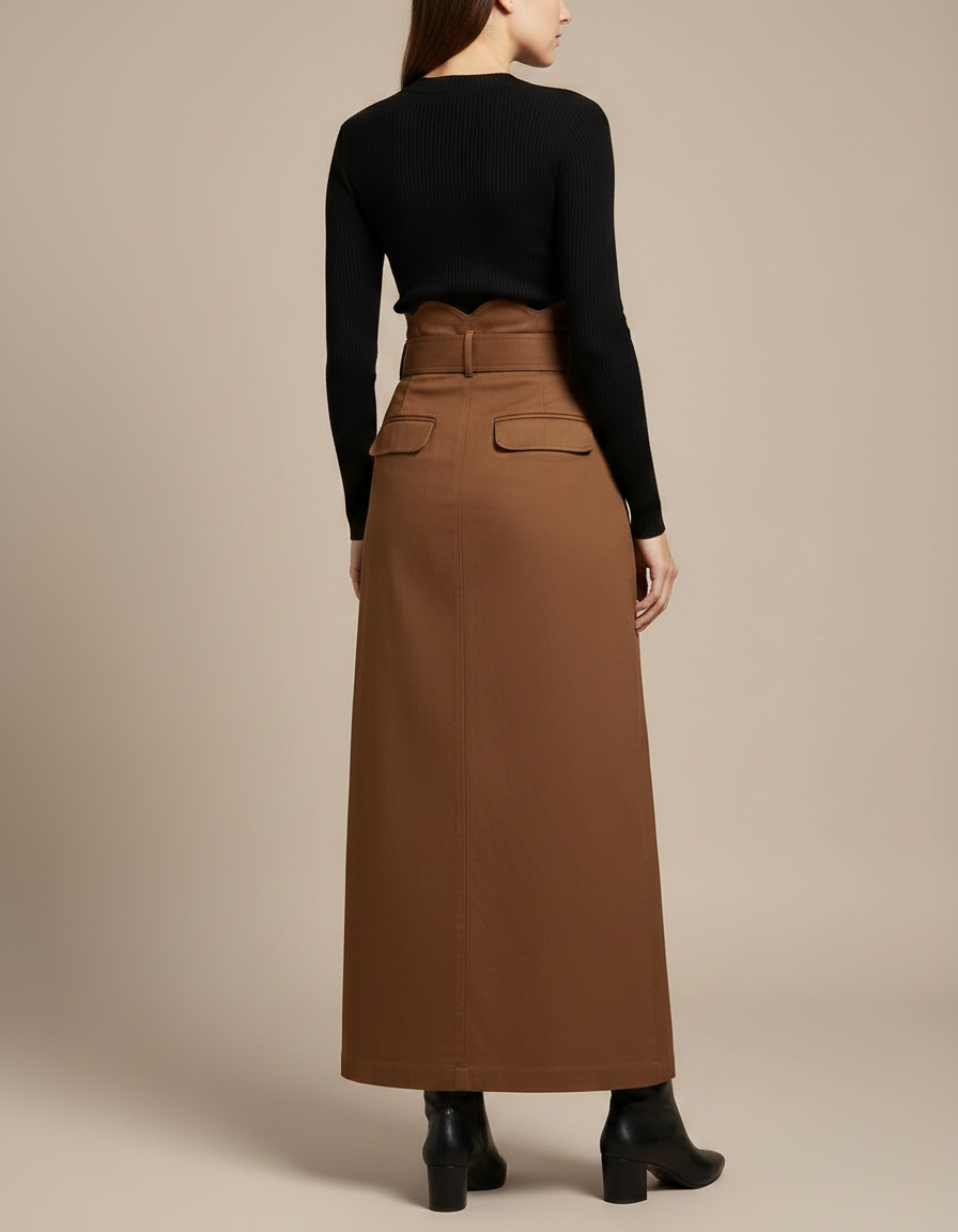Pantalon Jupe Marron Boutons Ceinture Longue Élégante - Gabardine - vue 2