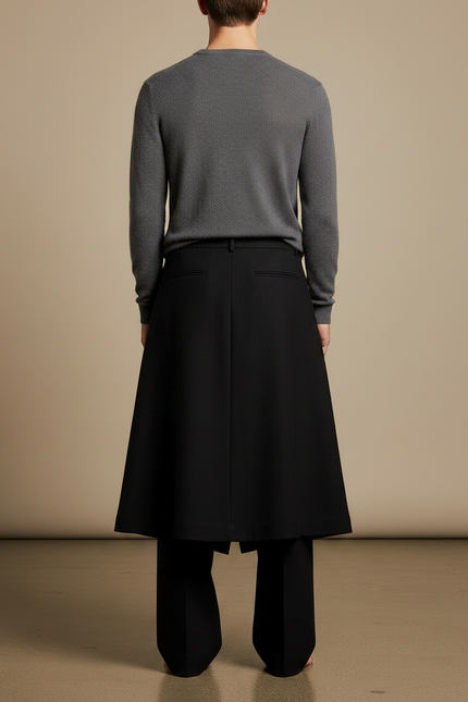 Pantalon Jupe Noir Long Asymétrique Élégant Homme - Laine - vue 2