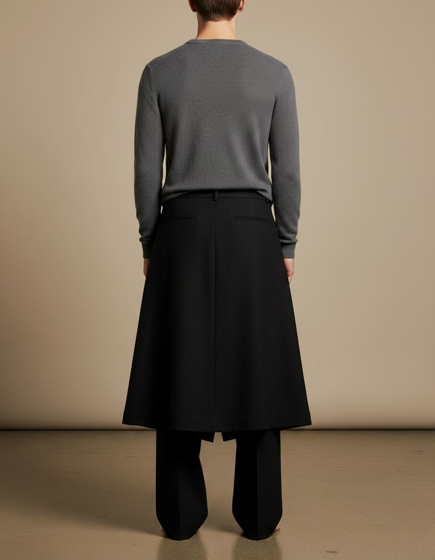 Pantalon Jupe Noir Long Asymétrique Élégant Homme - Laine - vue 2