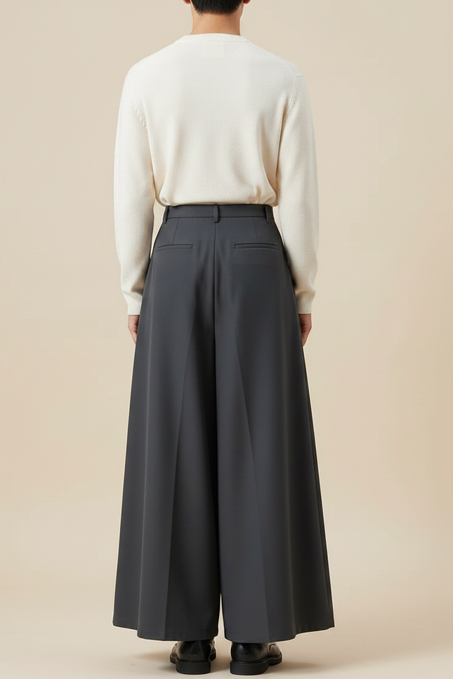 Pantalon Jupe Gris Ample Plissé Décontracté Unisexe - Polyester - vue 2