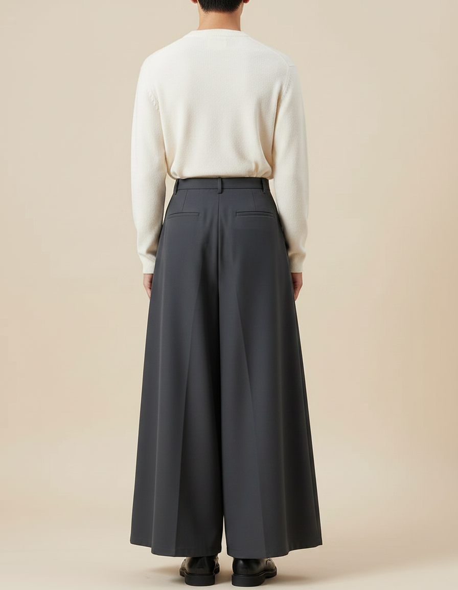 Pantalon Jupe Gris Ample Plissé Décontracté Unisexe - Polyester - vue 2