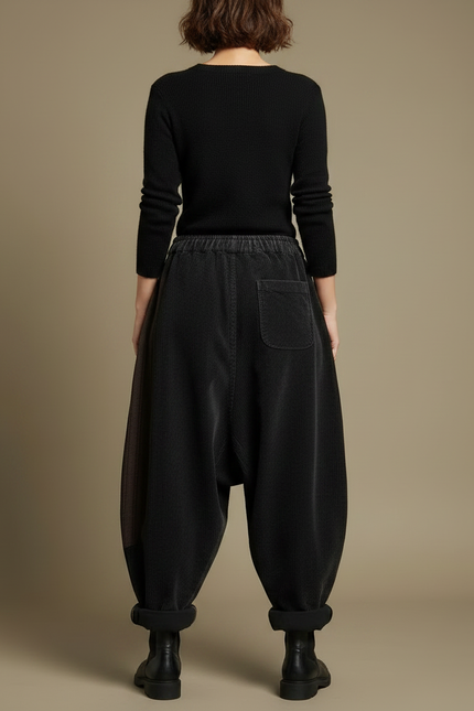 Pantalon Jupe Côtelé Noir Ample Vintage Patchwork - Cordé - vue 2