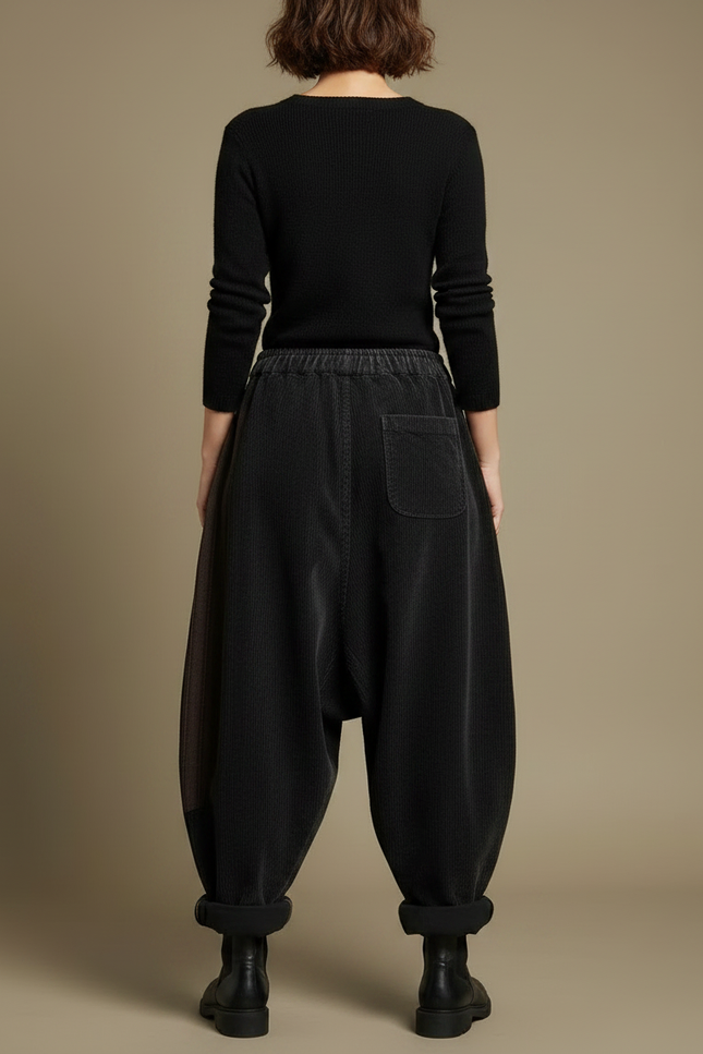 Pantalon Jupe Côtelé Noir Ample Vintage Patchwork - Cordé - vue 2