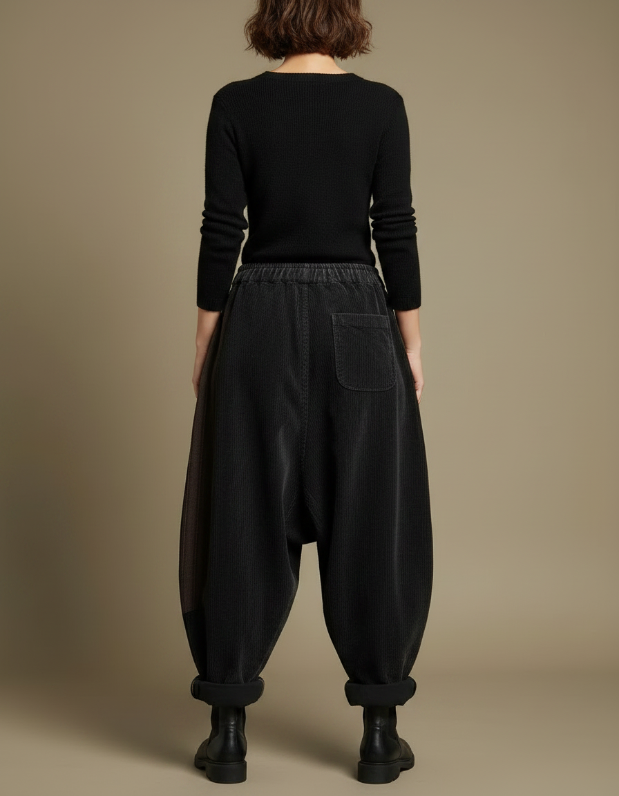 Pantalon Jupe Côtelé Noir Ample Vintage Patchwork - Cordé - vue 2