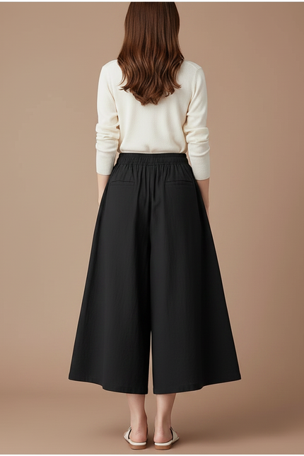 Pantalon Jupe Noir Ample Coton Lin Fluide Décontracté - vue 2