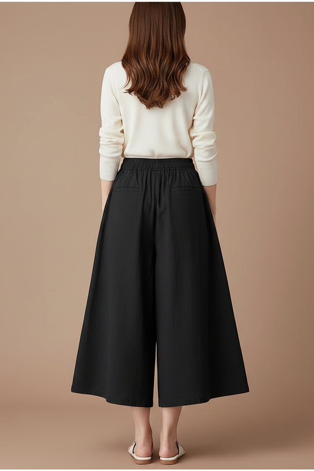 Pantalon Jupe Noir Ample Coton Lin Fluide Décontracté - vue 2