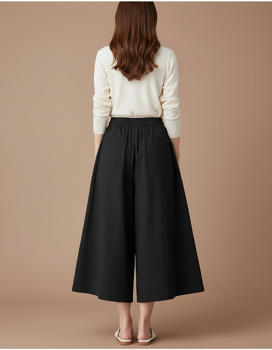 Pantalon Jupe Noir Ample Coton Lin Fluide Décontracté - vue 2