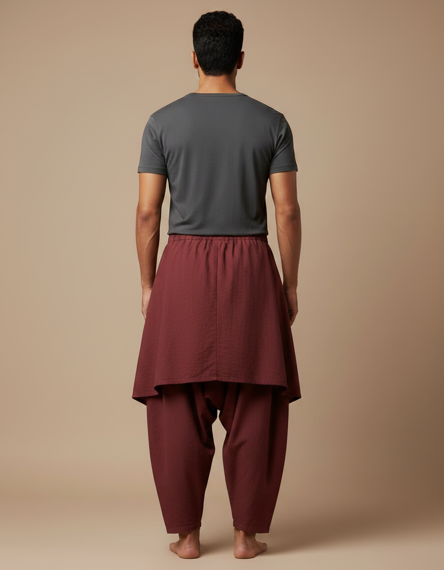 Pantalon Jupe Marron Coton Ample Drapé Homme - Bordeaux - vue 2