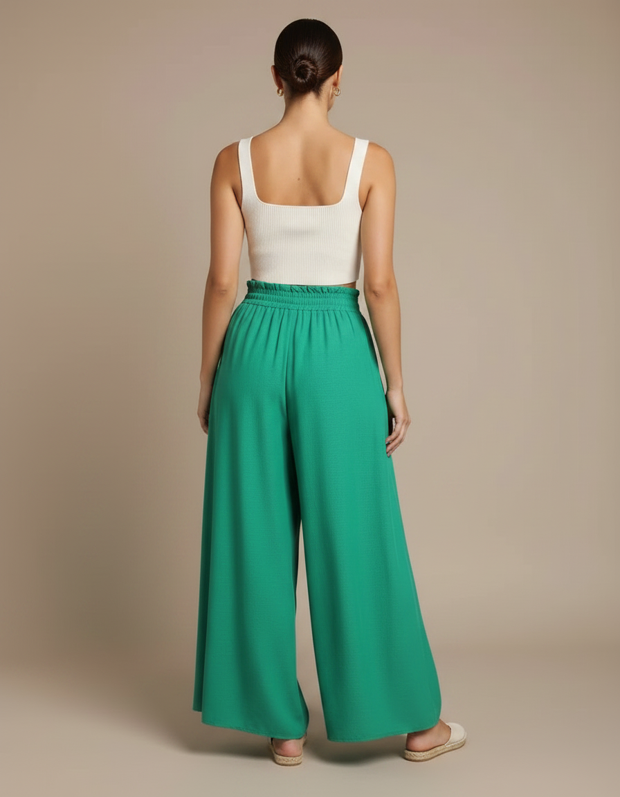 Pantalon Jupe Vert Émeraude Ample Fluide Taille Haute - Viscose - vue 2