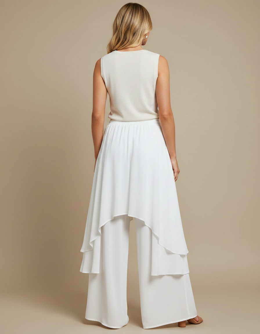Pantalon Jupe Blanc Fluide Superposé Élégant Chic - Polyester - vue 2
