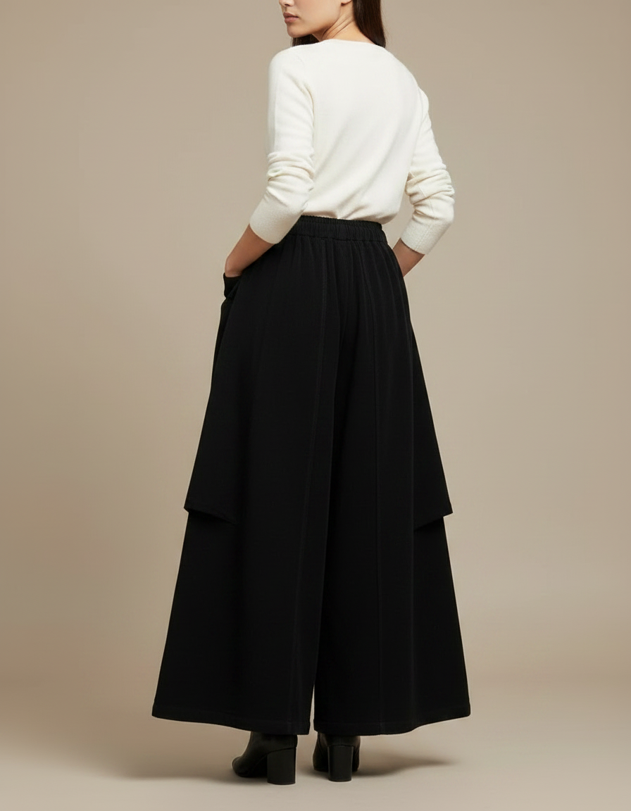 Pantalon Jupe Noir Ample Coton Fluide Poches - Viscose - vue 2