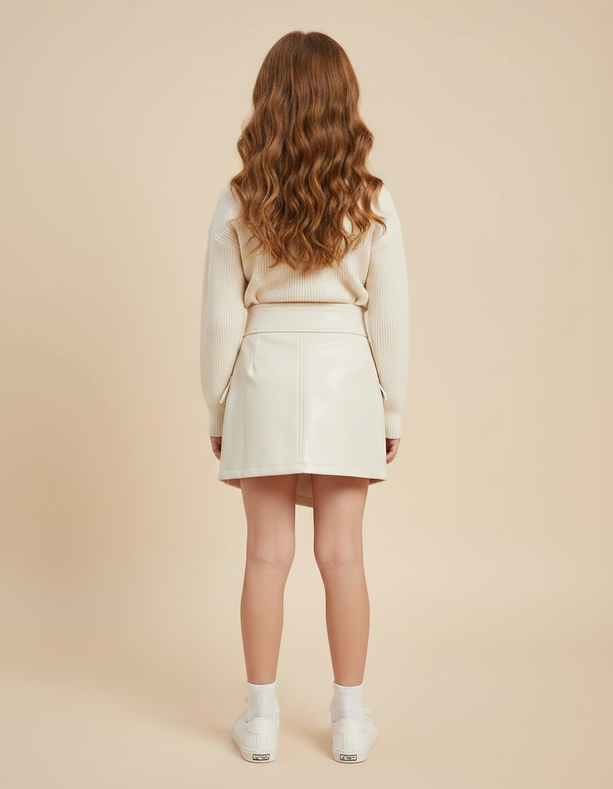 Pantalon Jupe Crème Asymétrique Boutons Élégant Cuir - Beige - vue 2