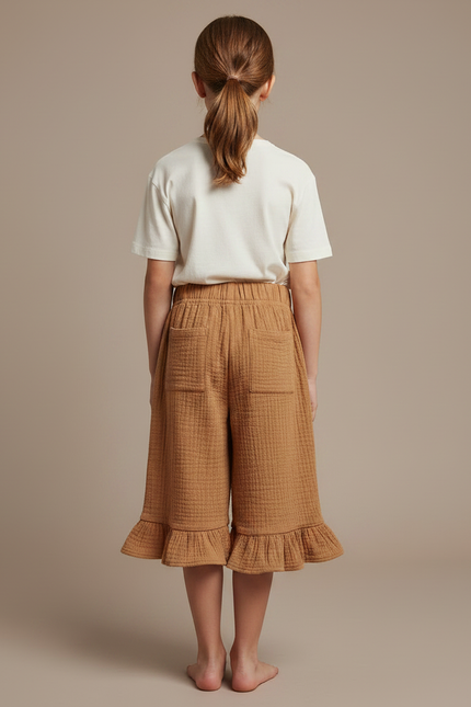 Pantalon Jupe Marron Fluide Volants Enfant Coton - Camel - vue 2