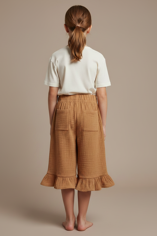 Pantalon Jupe Marron Fluide Volants Enfant Coton - Camel - vue 2