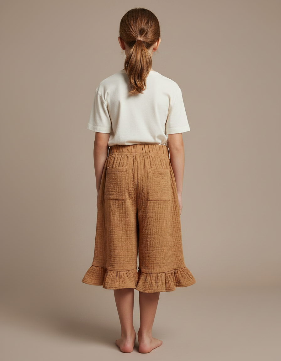Pantalon Jupe Marron Fluide Volants Enfant Coton - Camel - vue 2