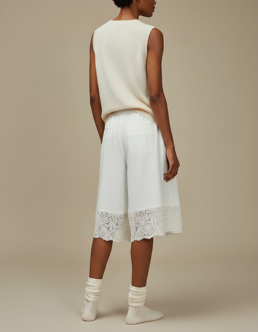 Pantalon Jupe Blanc Dentelle Fluide Ample Élégant - Viscose - vue 2