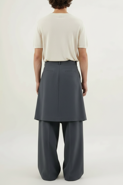Pantalon Jupe Gris Plissé Ample Décontracté Homme - Gabardine - vue 2