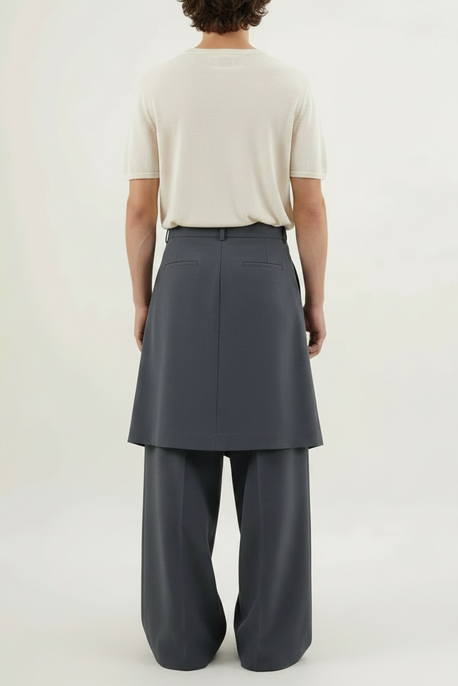 Pantalon Jupe Gris Plissé Ample Décontracté Homme - Gabardine - vue 2
