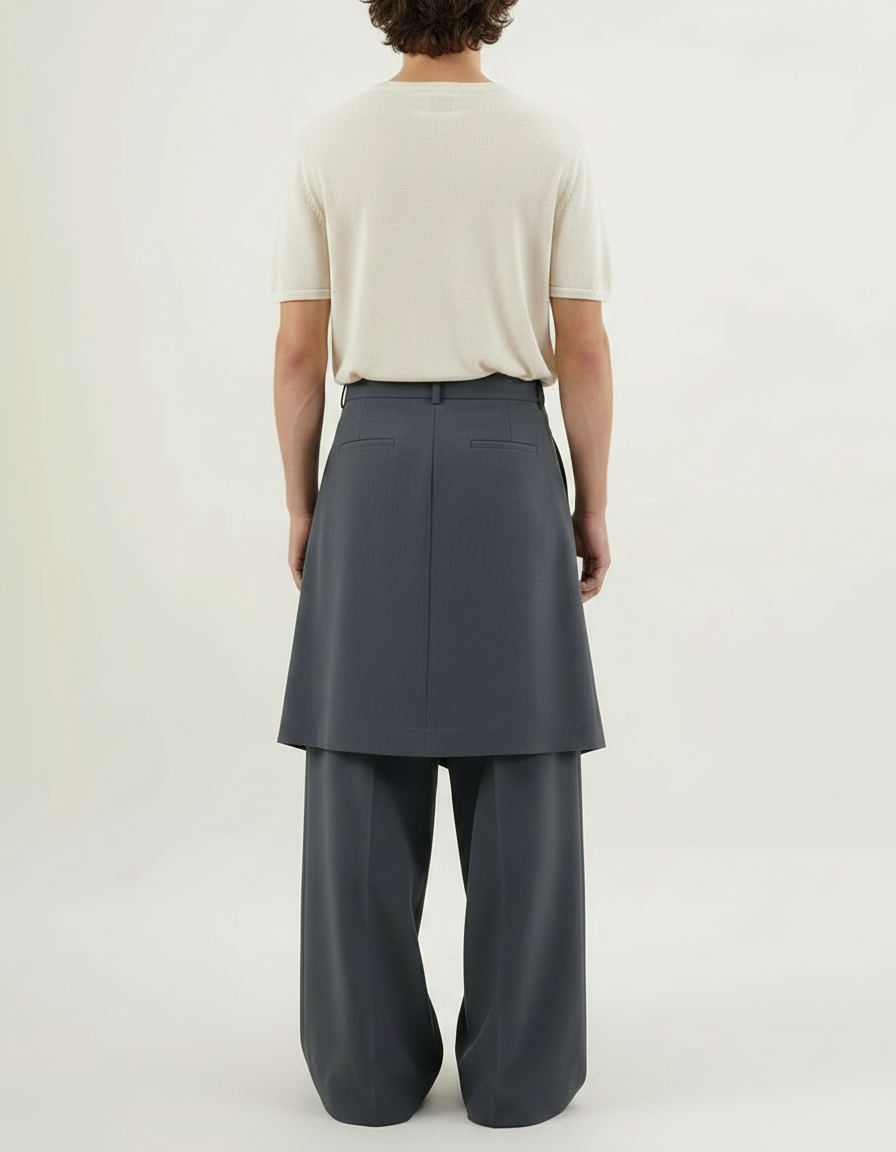 Pantalon Jupe Gris Plissé Ample Décontracté Homme - Gabardine - vue 2