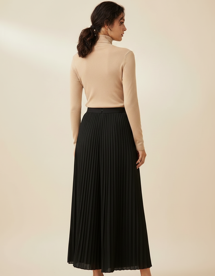 Pantalon Jupe Noir Plissé Fluide Long Élégant - Polyester - vue 2