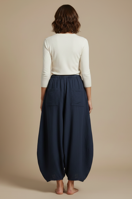 Pantalon Jupe Ample Lin Coton Bleu Marine Femme - vue 2